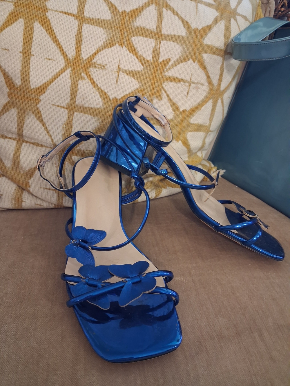 90s y2k 2000s inspired butterfly ankle wrap chunky heel sandals strappy blue 9